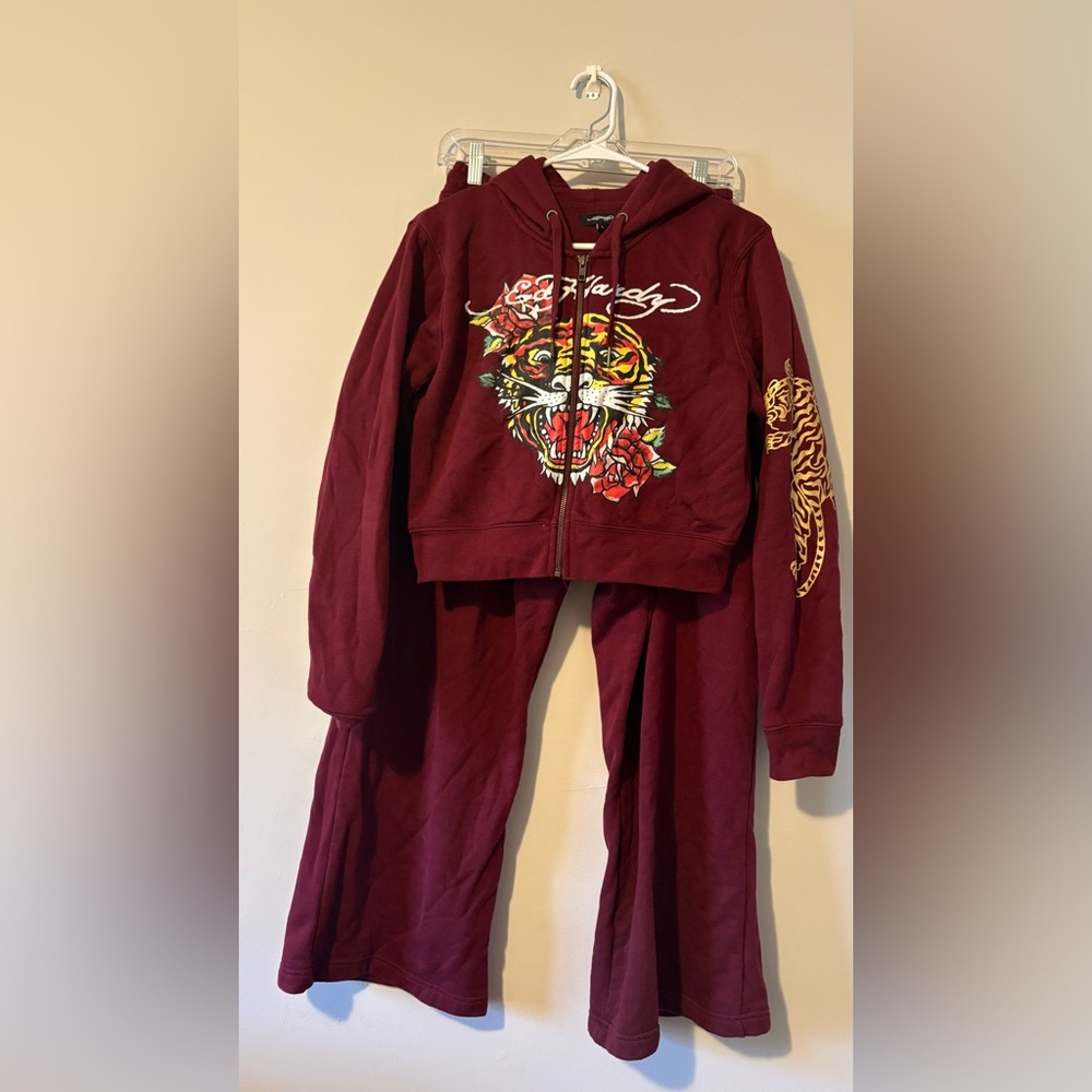 Ed Hardy Burgundy Zip Hoodie with Logo